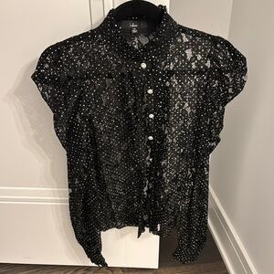 Lulus Black Lace Blouse with White Polka Dots
